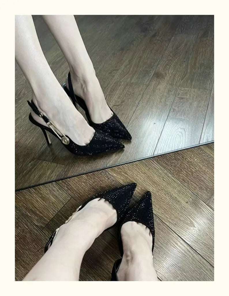 Bling Diamond High Heels Women 2025 Spring Pumps New Pointy Head After Empty Sexy Metal Girl Temperament Baotou French Sandals
