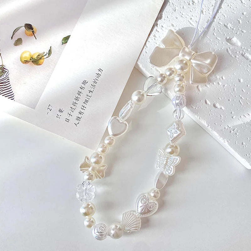 Korean Cute Sweet Butterfly Heart Bow Beaded Phone Chain Charm Lanyard For iPhone Samsung Universal Accessories Jewelry Pendant