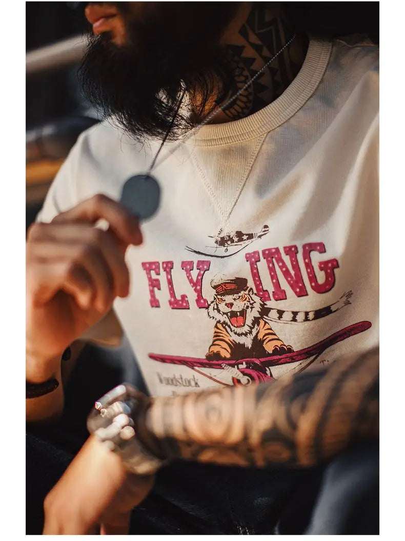 Maden Retro Tiger Print Short Sleeve T-Shirt Men's Summer Loose Apricot Round Neck Tee Embroidered Letter Fringe Casual Tops