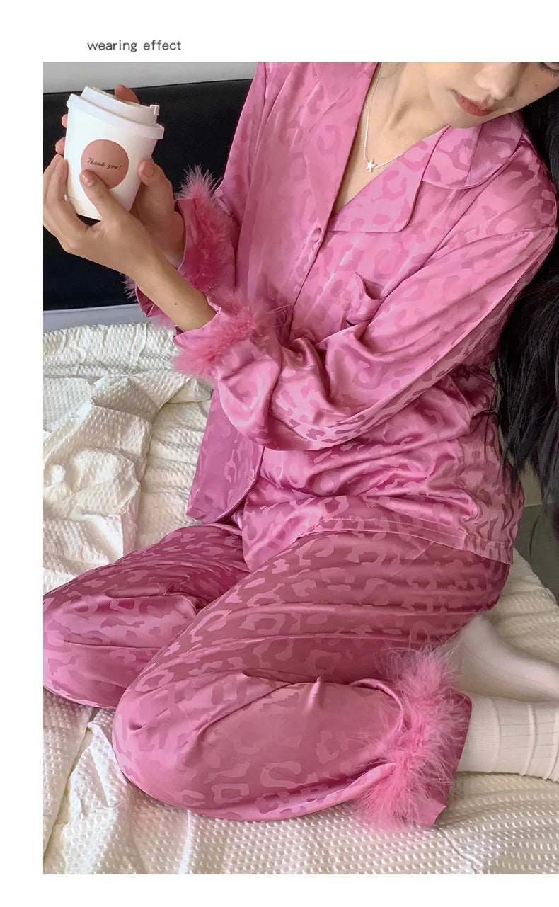Female 2PCS Pajamas Set Spring Autumn Feathers Long Sleeve Trouser Suits Sleepwear Fashion Sexy Rayon Hot Pink Leopard Homewear