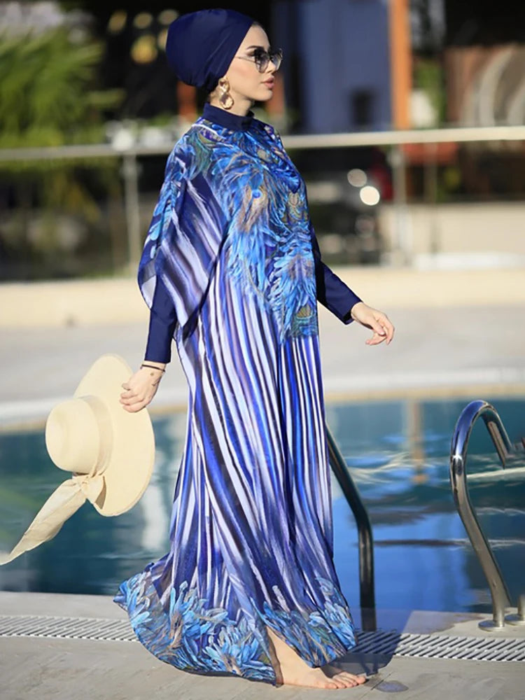 Women’s 4‑Piece Islamic Burkini Set – Long Sleeve Modest Swimwear with Hijab, Digital Print Sports Bathing Suit (4XL)