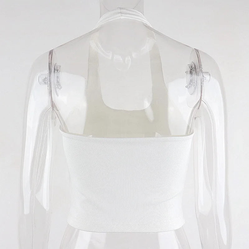 White Halter Backless Ribbed Knit Crop Top — 2023 Streetwear Feminino Style