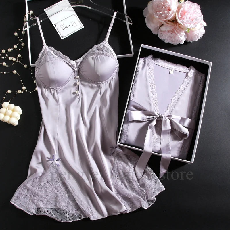 2Pcs Robe Set Beige Night Dress Sexy Bride Wedding Morning Dress Gown Loose Bathrobe Suit Rayon Nightwear Loungewear Homewear