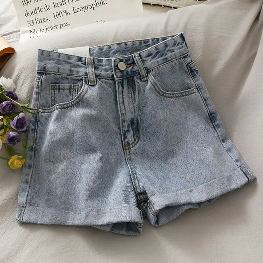 Women's Denim Trendy High-Waisted Slimming Loose-Fit Rolled Edge Korean Style A- Line Hot Pants Summer New Arrival