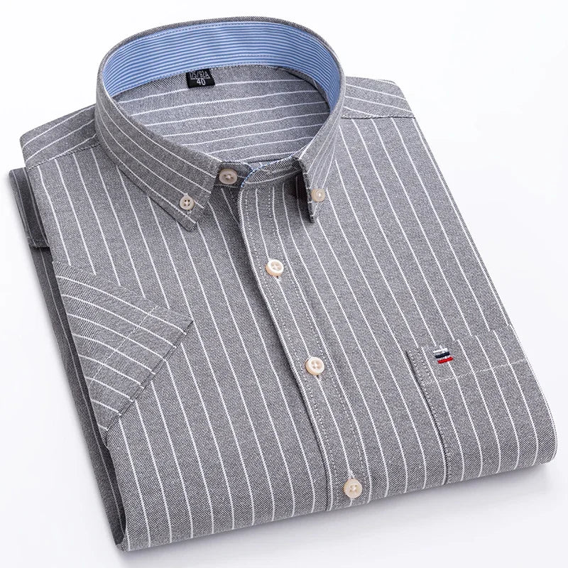 Men’s 100% Cotton Oxford Short‑Sleeve Shirt – Breathable Summer Plaid/Striped Business Casual (Regular/Oversized Fit)