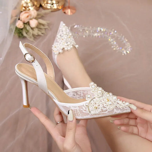 2025 White Wedding Shoes Bridesmaid Shoes Women's Lace Shoes Fashion High Heels Pearl Pumps