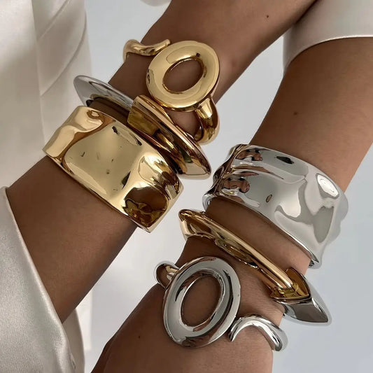 KunJoe 2025 New Smooth Gold Color Silver Color Open Spring Bangles for Women Design Geometric Wide Cuff Bracelets Hand Jewelry