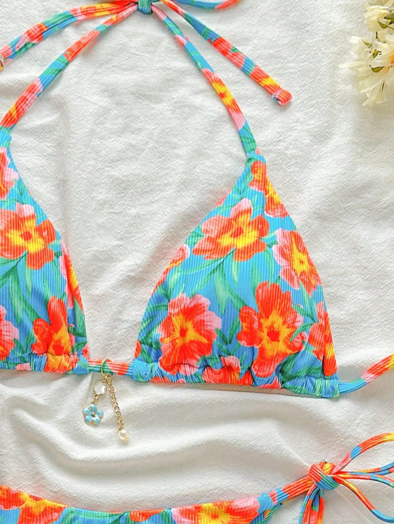 Floral Print Tie Side Bikini Set Women Sexy Trendy Cute Yet Sultry Premium Two Piece Swimsuit for Beach Hot Spring Vacation