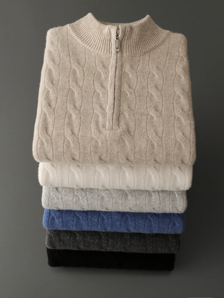 Autumn Winter Men Half Zippers 100% Merino Wool Sweater Thicken Twist Flower Pullover Retro Casual Cashmere Knitwear Solid Tops