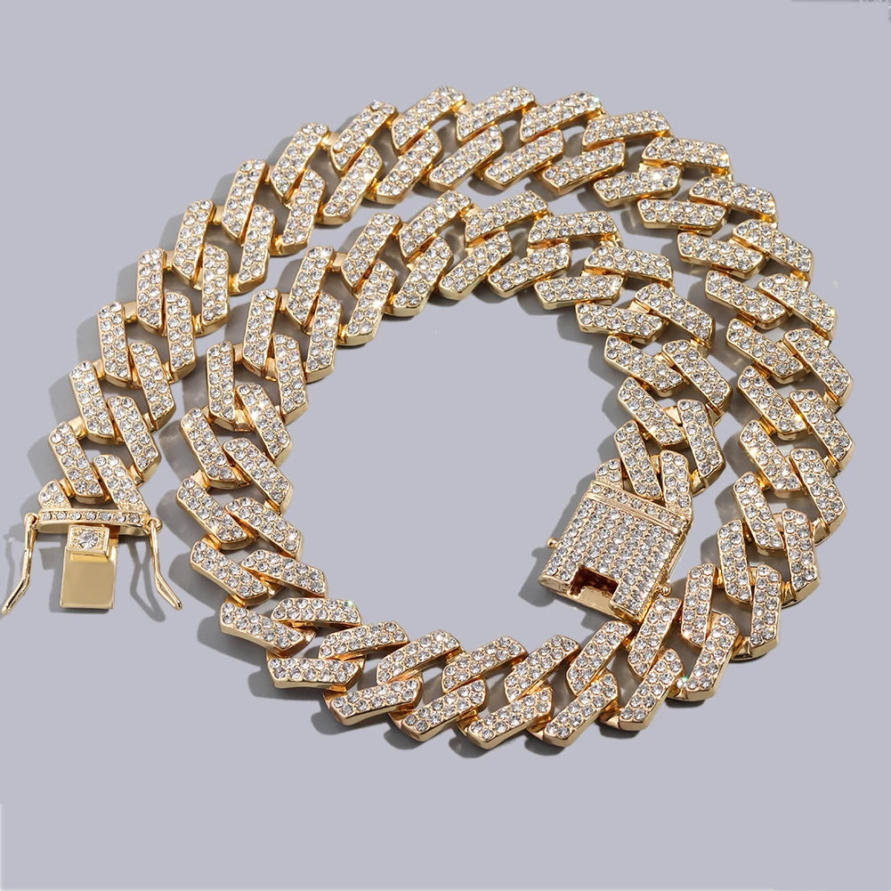 HipHop Men Iced Out Cuban Link Chain Necklace 13/14/20MM Gold Silver Color AAAA+ Rhinestone Cuba Necklace Men's Birthday Jewelry