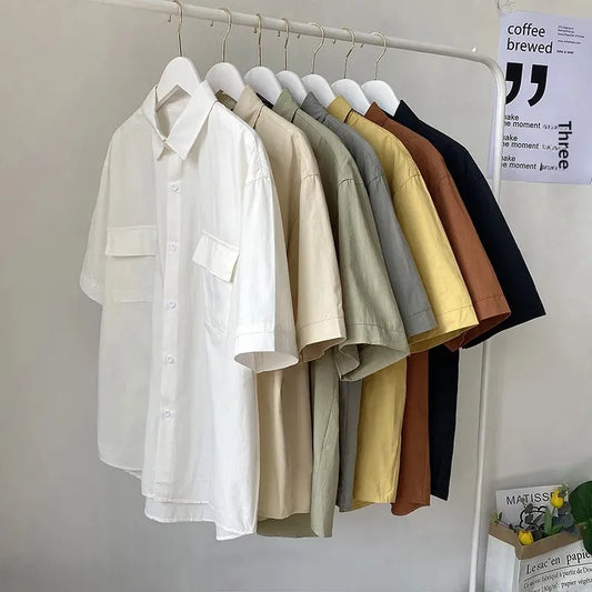 Summer Solid Color Short Sleeve Men's Shirt Loose Fit Japanese Workwear Half Sleeve Top Hong Kong Style White Trendy Casual Shir