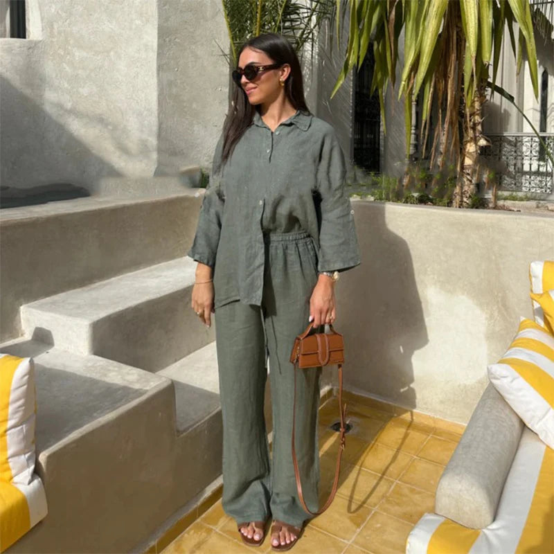 Casual Women Trousers Sets Lapel Single Breasted Long Sleeve Loose Top Wide Leg Pant Set 2025 Summer Cotton Linen Lady Suits