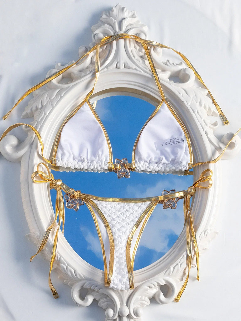 2026 Sexy White & Gold Contrast Bikini — Metal Starfish Push‑Up Triangle Micro Swimsuit for Women