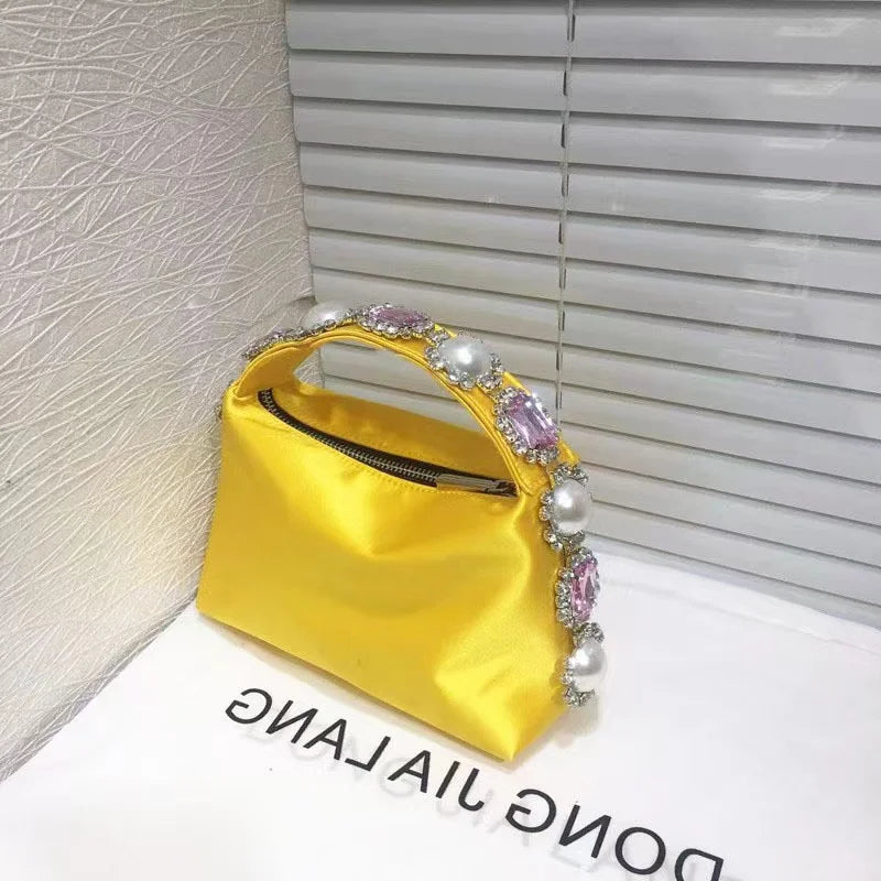 Luxury Designer Pearl Beaded Satin Hobo Bag Women Handbag Rhinestone Diamond Evening Bag Wedding Party Clutch Purse Shoulder Bag