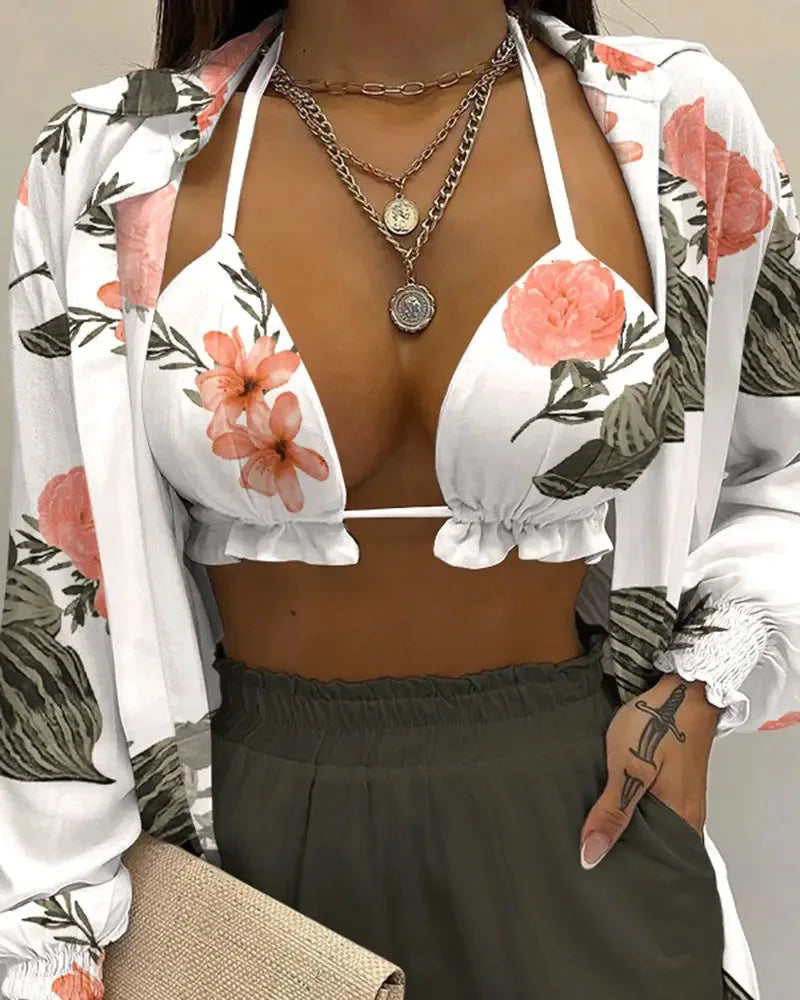 Women’s 2024 High‑Waist 3‑Piece Bikini Set – Printed Swimsuit with Shorts Cover‑Up Summer Beachwear