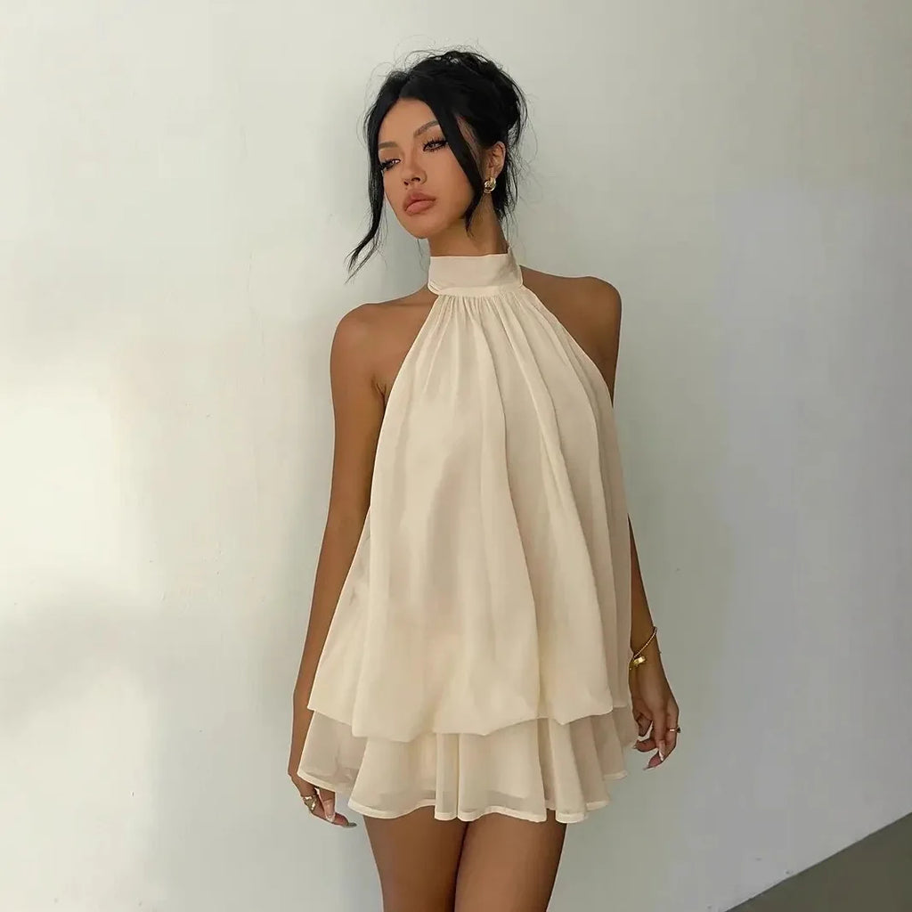 Women’s Backless Halter Neck Dress – Tie‑Front Chiffon Sheer Mini Skirt, Sexy Y2K Vintage Party Dress