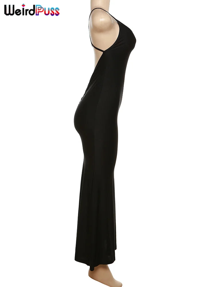 Weird Puss Sexy Backless Women Evening Maxi Dress Folds V-Neck Sleeveless Coquette Elegant Mermaid Matching Banquet Prom Bodycon