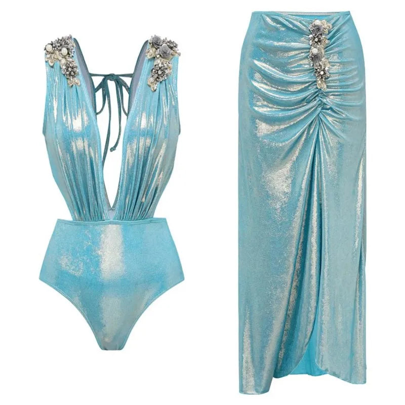 Women’s Printed Ruffle Splice Bikini Bodysuit with Skirt — Summer Beach Cover‑Up Holiday Swimwear Outfit