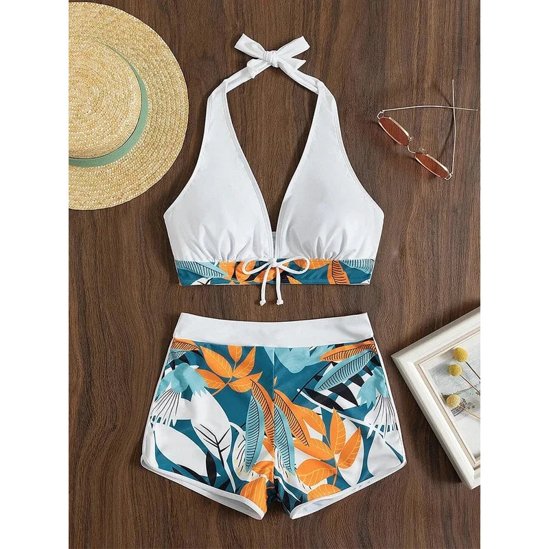 2023 Women’s Halter High‑Waist Bikini Set – Printed Short Swimsuit Two‑Piece Beachwear