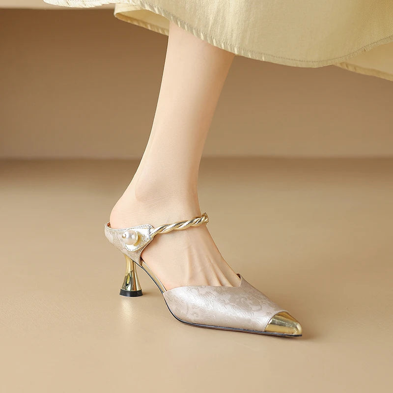 Pointed Toe Pearl Slingback Sandals