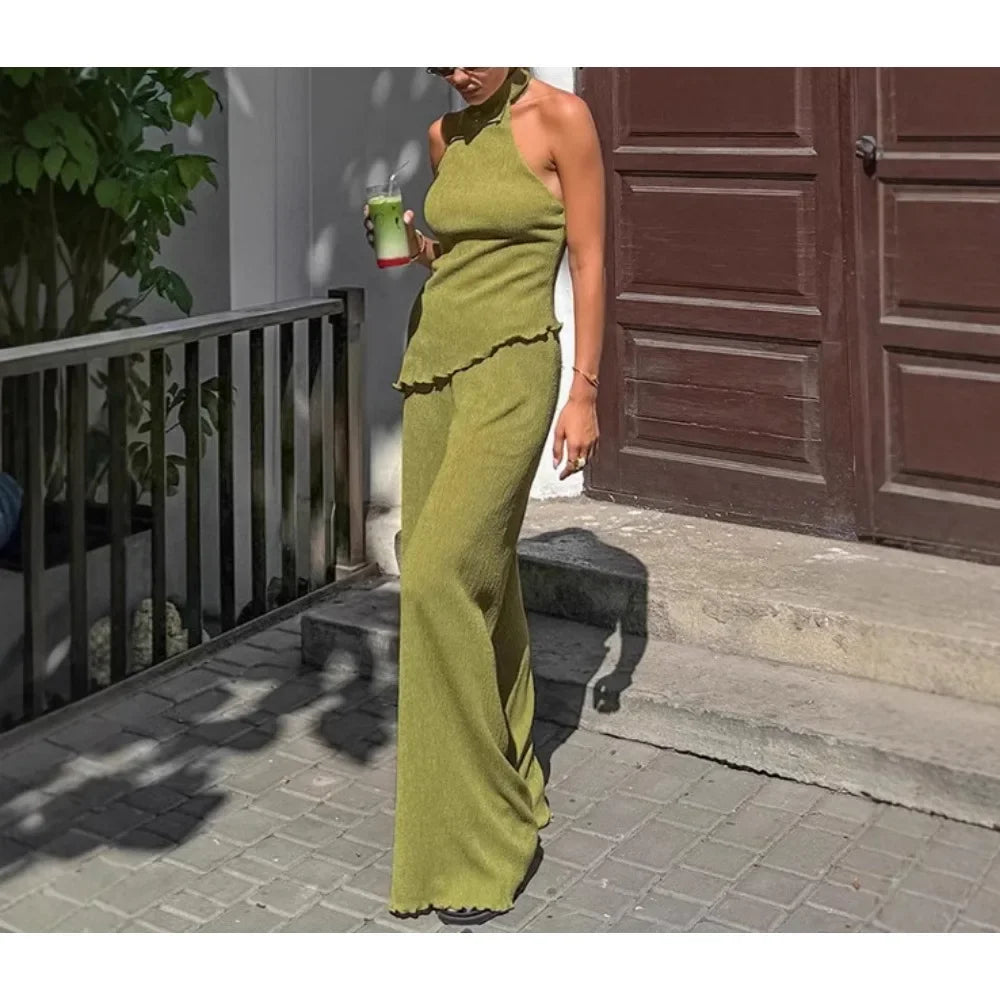 TWOTWINSTYLE Solid Two Piece Set for Women O Neck Sleeveless Top High Waist Wide Leg Pant Temperament Sets Female Fashion
