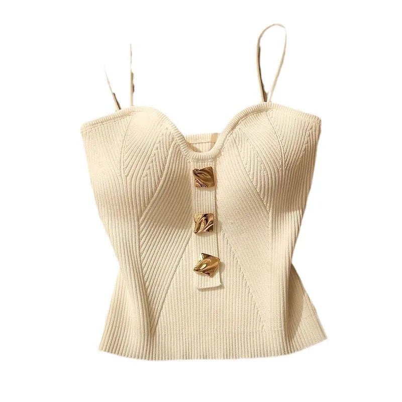 Women Knitted Camis Tank Cropped Tops Summer Fashion Lady Metallic Gold Button Slim Y2K Tube Camisole Vests TSNFS-AM0333