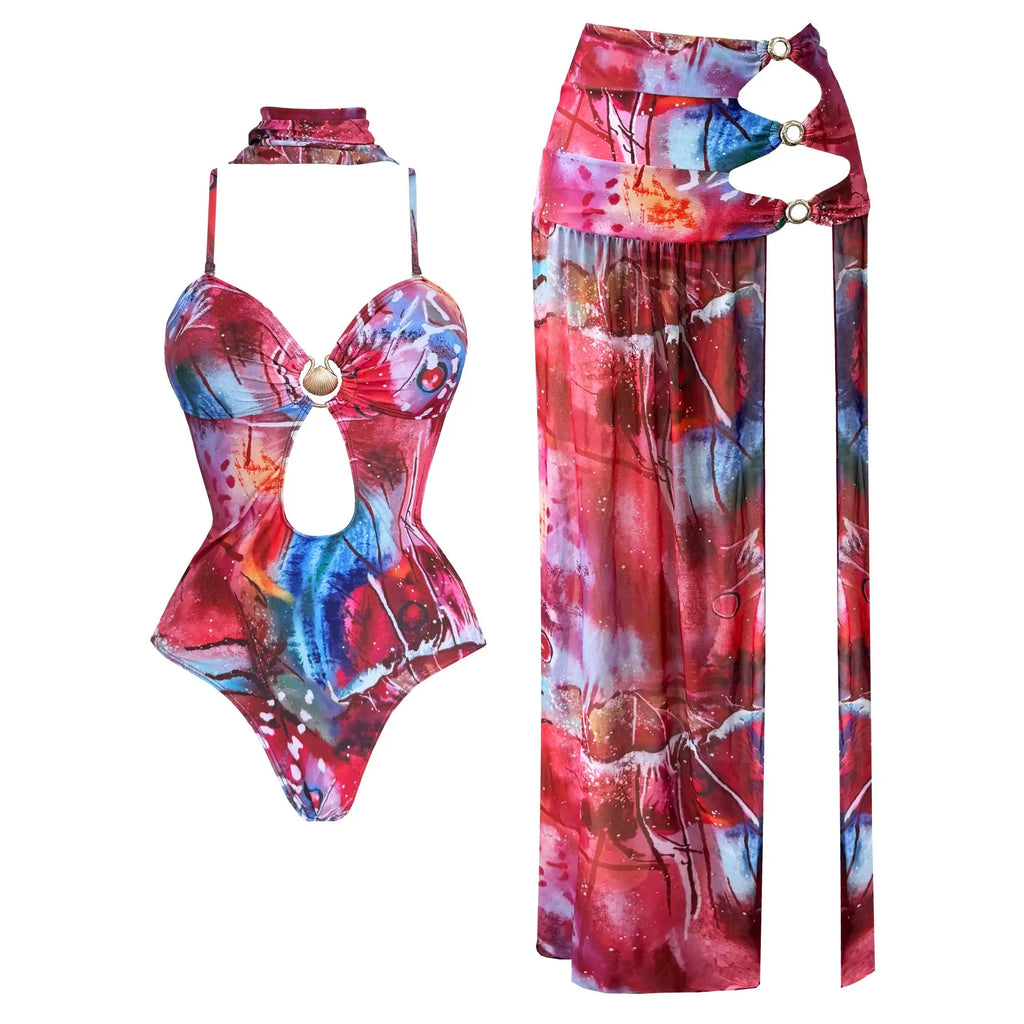 Women’s 2025 Flower Print One‑Shoulder 3‑Piece Bikini Set with Cover‑Up – Sexy Summer Beachwear