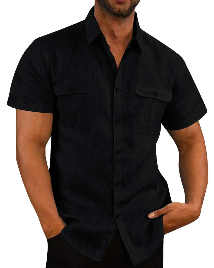Men’s Summer Short‑Sleeve Shirt – Solid Color Fashion Top with Two Chest Pockets, Outdoor Casual Cardigan Style