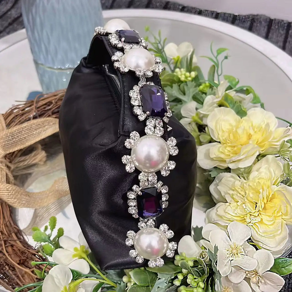 Luxury Designer Pearl Beaded Satin Hobo Bag Women Handbag Rhinestone Diamond Evening Bag Wedding Party Clutch Purse Shoulder Bag