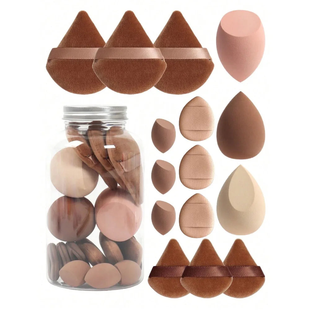 15pcs Makeup Sponge Set with Storage Jar – Powder Puff, Mini Finger Puff & Triangle Air Cushion Blenders