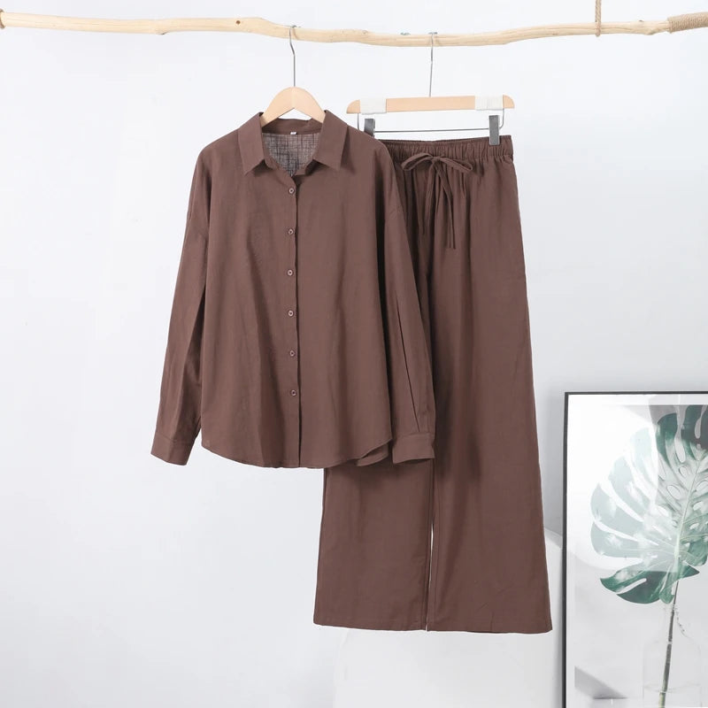 Casual Cotton Solid Women Pants Sets Lapel Single Breasted Loose Top Lace Up High Waist Wide Leg Pants 2025 Spring New Lady Sets
