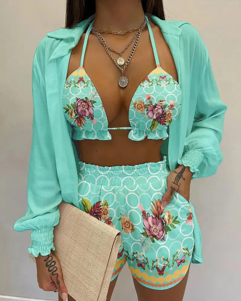 Women’s 2024 High‑Waist 3‑Piece Bikini Set – Printed Swimsuit with Shorts Cover‑Up Summer Beachwear