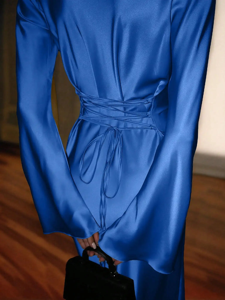 Women’s Bespoke Satin Maxi Dress – Corset Waist Tie, Round Neck & Flared Sleeves | Luxury Evening Gown 2026