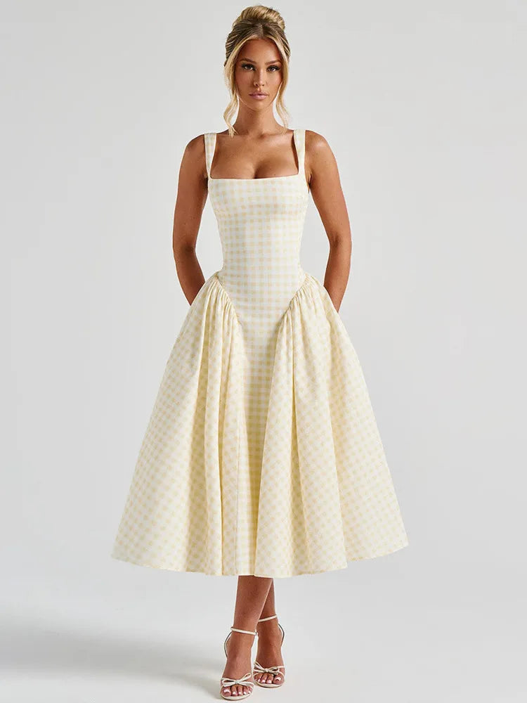 Mozision Plaid Printed Maxi Dress For Women Gown Summer New Spaghetti Strap High Waist A-line Backless Club Long Dress Vestido