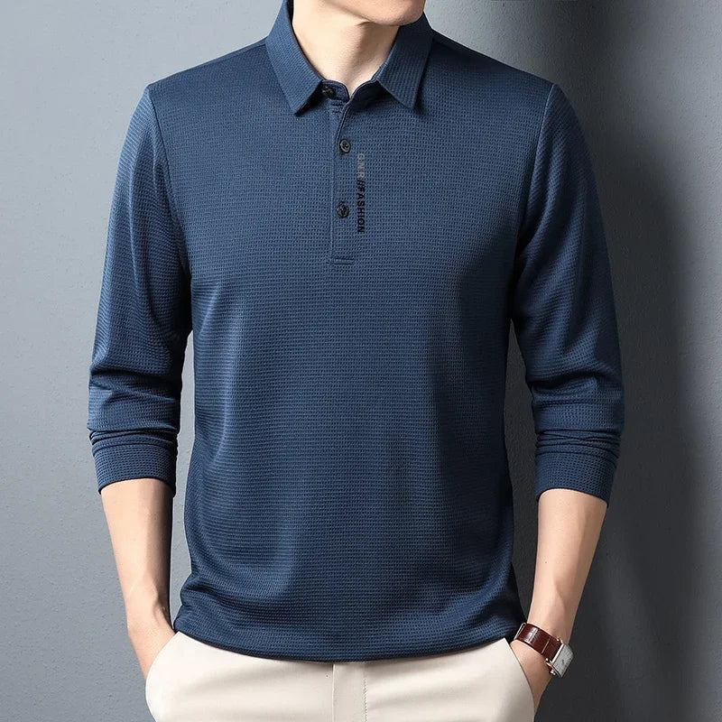 Waffle Knit Long‑Sleeve Polo Shirt