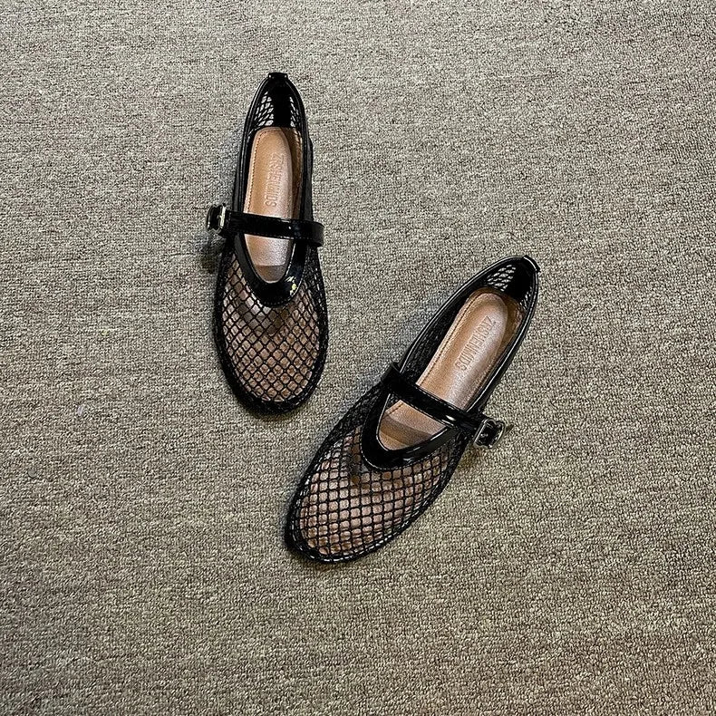2025 Women’s Round Toe Flat Shoes — Breathable Hollow Ballet Mary Jane Sandals Casual Designer Style