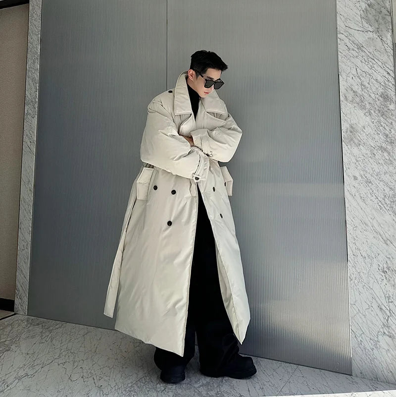 Fashionable Down Cotton-Padded Jacket Men's Trendy Winter Thickened Warm High-End Lace-up Long Overknee Long Sleeve Coats