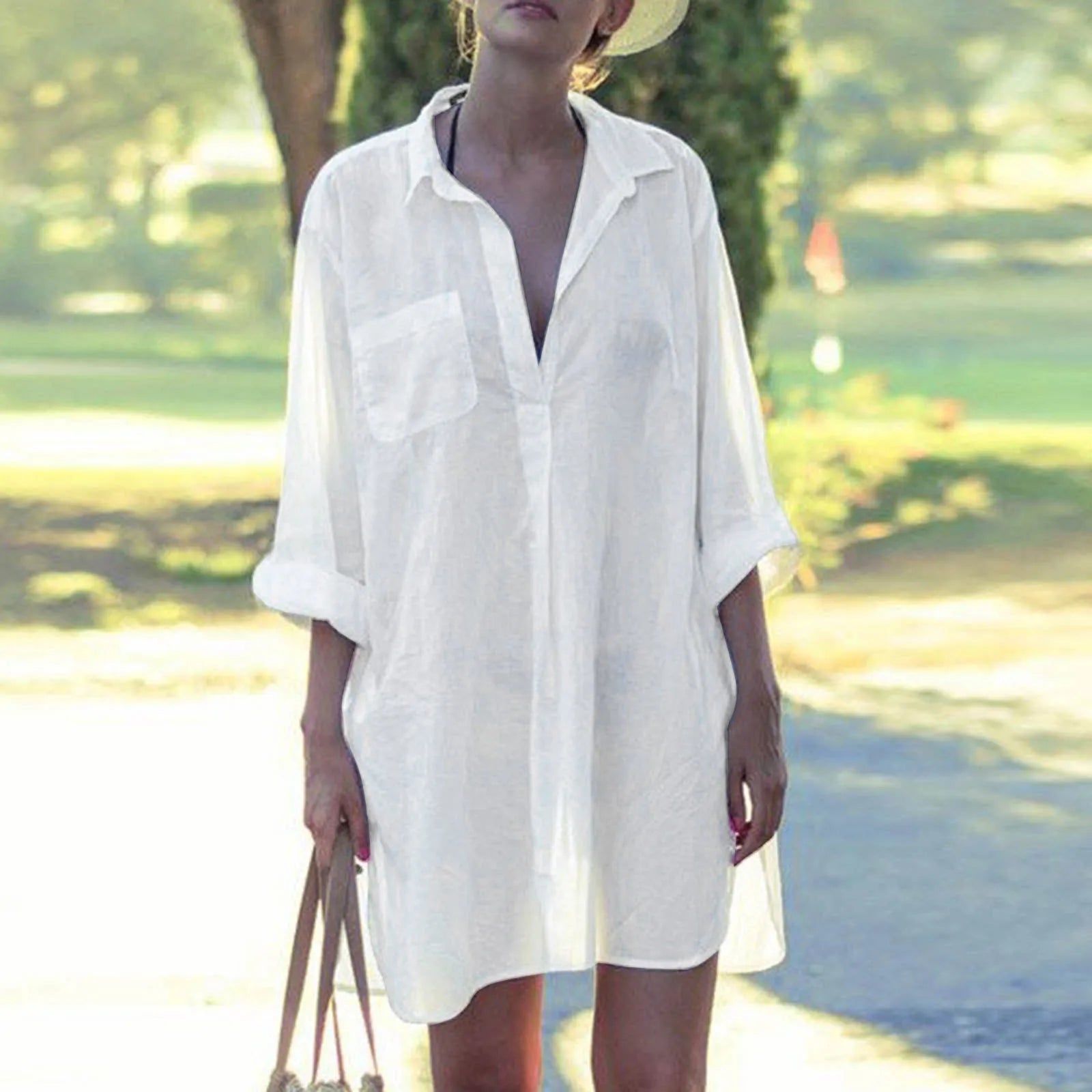 Solid Batwing Sleeve Beach Cover‑Up