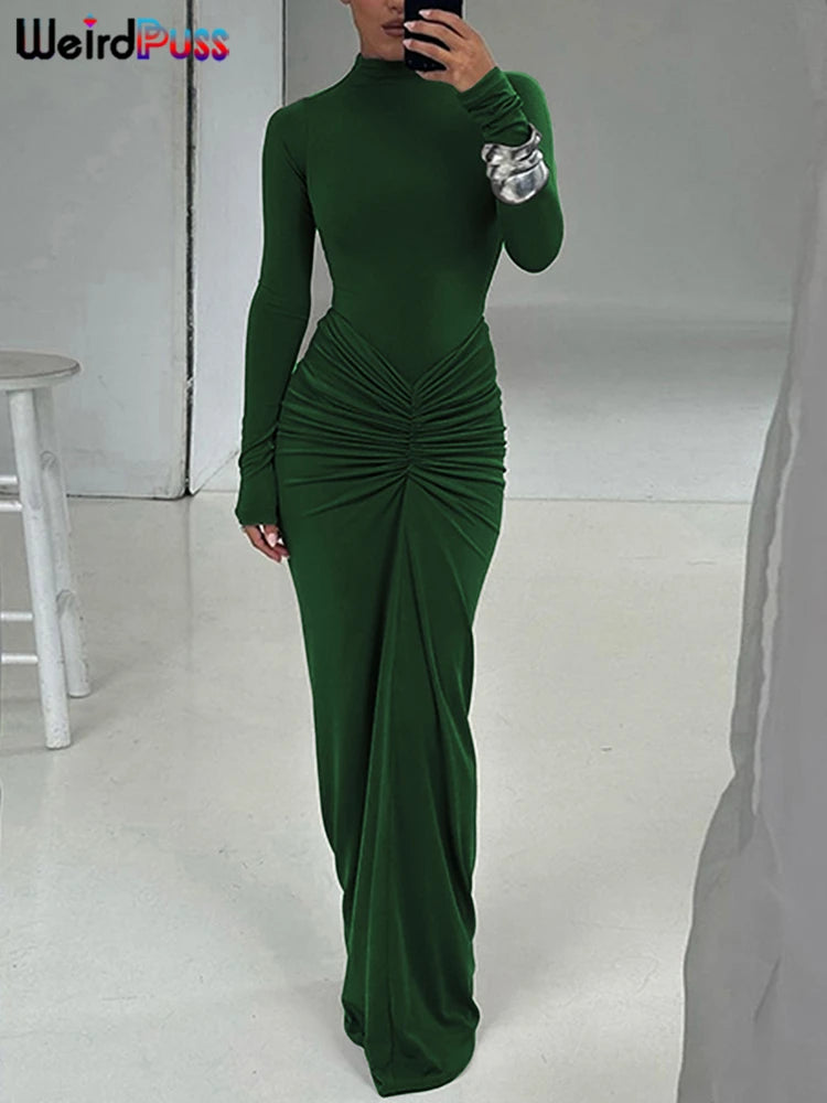Women’s Ruched Long‑Sleeve Bodycon Dress – O‑Neck Slim Fit Hipster Pleated Autumn Classic