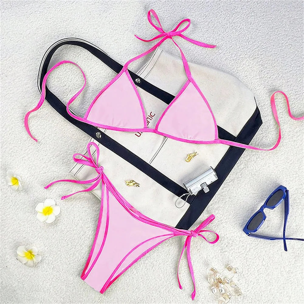 Women’s Vintage Blue Triangle Bikini – Border String Push‑Up Backless Extreme Swimsuit Beach Set
