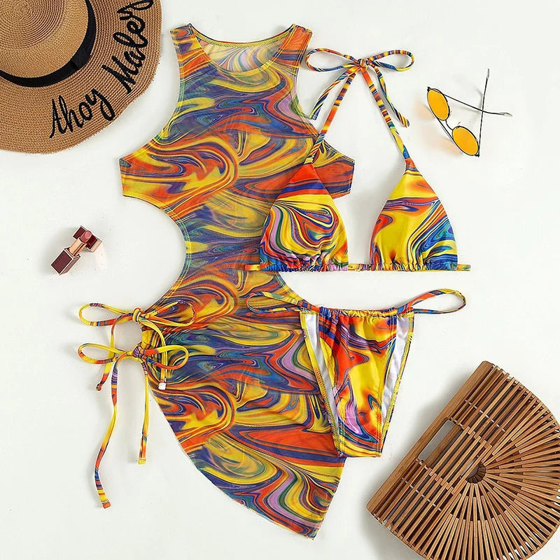 Women’s 3‑Piece Leopard Halter Bikini Set — Sexy Backless Bandage Swimsuit with Beach Cover‑Up (2026 Swimwear)