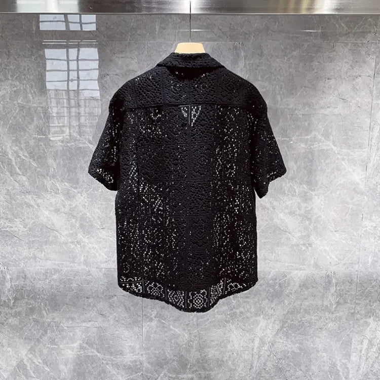 Summer Mens Hollow Out Crochet Beach Shirt Short Sleeve Single Breasted Loose Fit Tops Vintage Breathable Night Clubwear Shirts