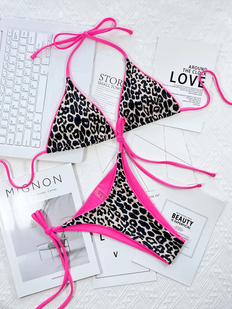 Women’s 2025 Leopard Micro Bikini – Brazilian Thong Halter Lace‑Up Swimsuit, Sexy Two‑Piece BeachwearSexy Leopard Micro Bikini 2025 Women Swimsuit Female Swimwear Thong Bikinis Set Brazilian Halter Beach Wear Lace Up Bathing Suit