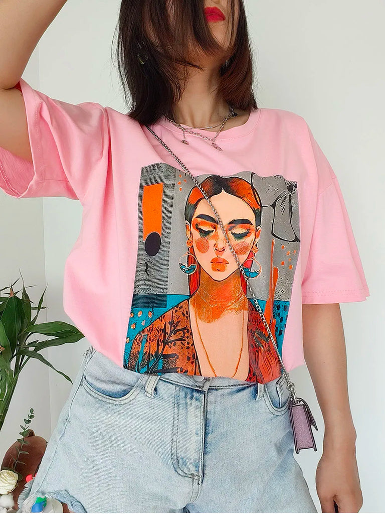 100% Cotton Women's Oversized T-shirts with Print Comics Tees Simple Short Sleeve Tops Summer Basic Soft T-shirt for Women 2023