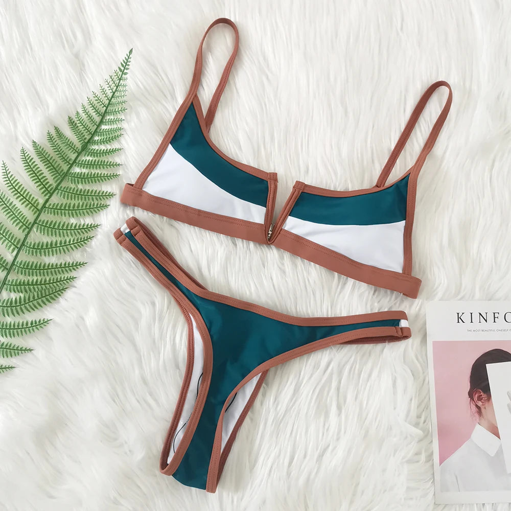 Vintage Retro Bikini Patchwork Swimsuit Thong Brazilian Sexy Swimwear Female 2024 New Summer Micro V-bar Green Bathing Suits