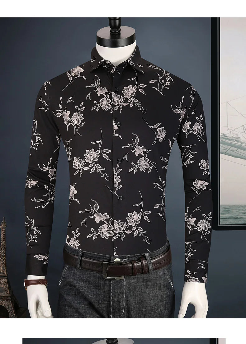 Men Long Sleeve Floral Print Shirt Brand Casual Fashion Button Up Printed Flower Shirts Dress Men Slim Fit Thin Clothing