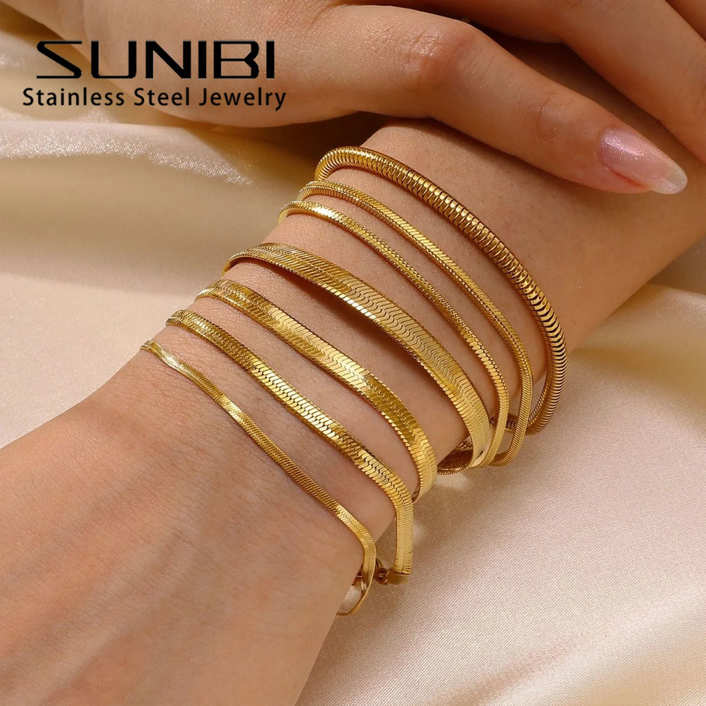 SUNIBI Women Trend Classic Snake Chain Bracelet Gold Color Width 2/3/4/5MM Stainless Steel Chain Bracelet For Women Jewelry Gift