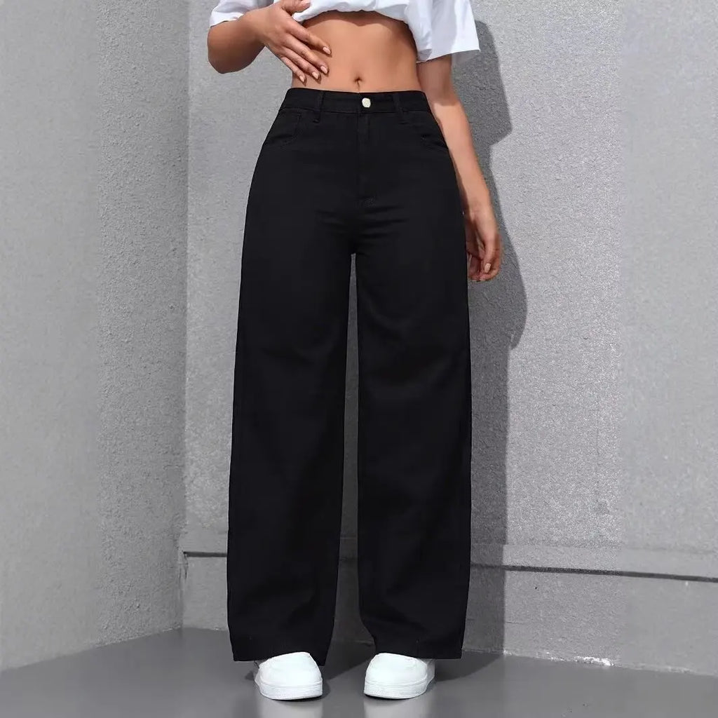 Trendy Washed High-Waisted Straight-Leg Jeans Women with Large Front & Back Pockets for Daily Casual Versatile Lady Jeans ‌