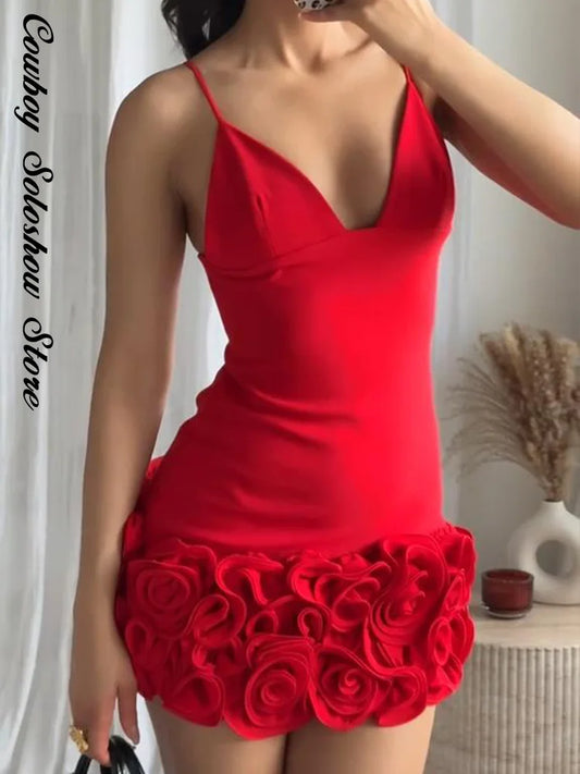 Sexy 3d Flower Mini Dress Women Chic Sling Slim Red Deep V-neck Backless Sleeveless Dresses 2025 Summer Party Evening Lady Robe