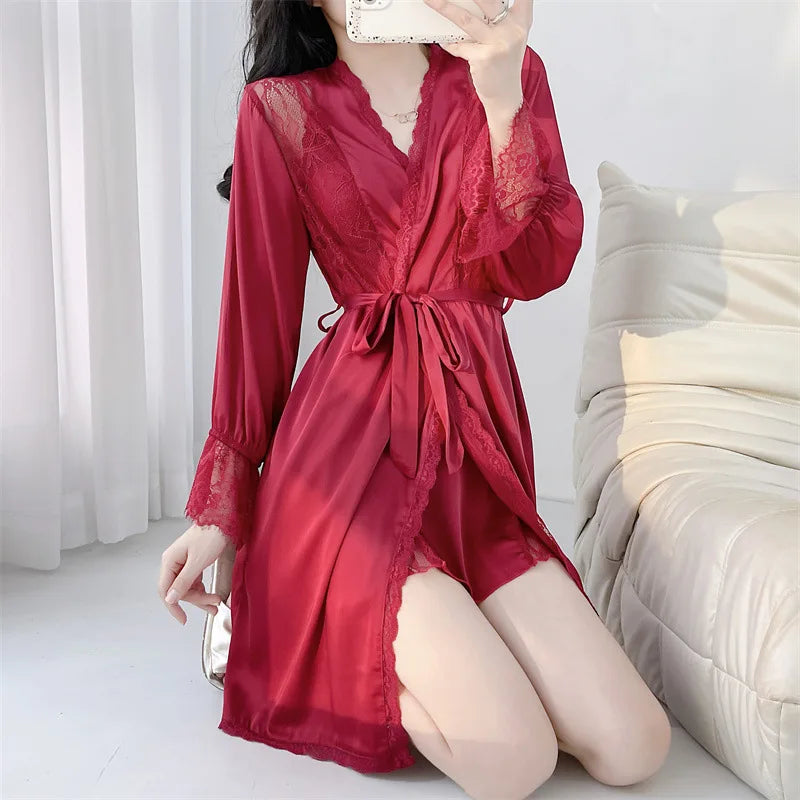 2Pcs Robe Set Beige Night Dress Sexy Bride Wedding Morning Dress Gown Loose Bathrobe Suit Rayon Nightwear Loungewear Homewear
